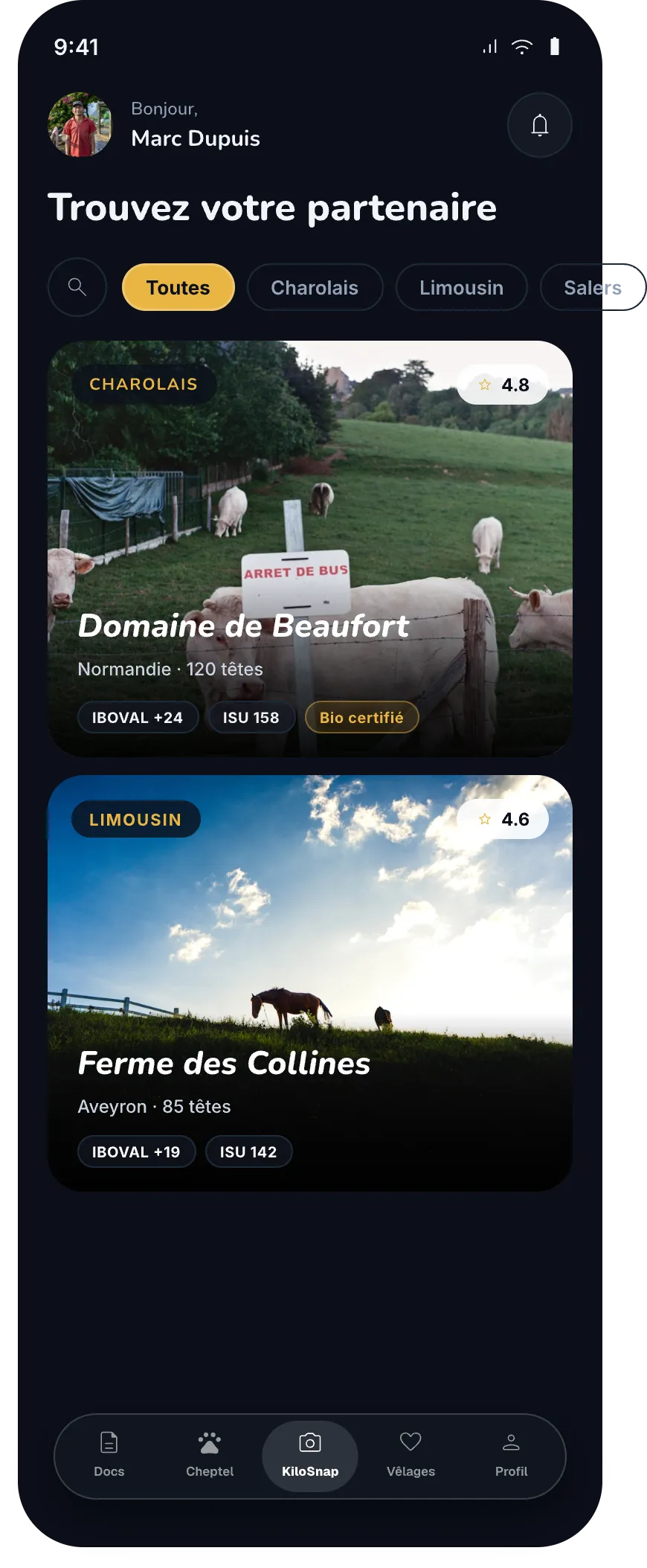 Discover screen: suggested farms with breed, herd size and indexes