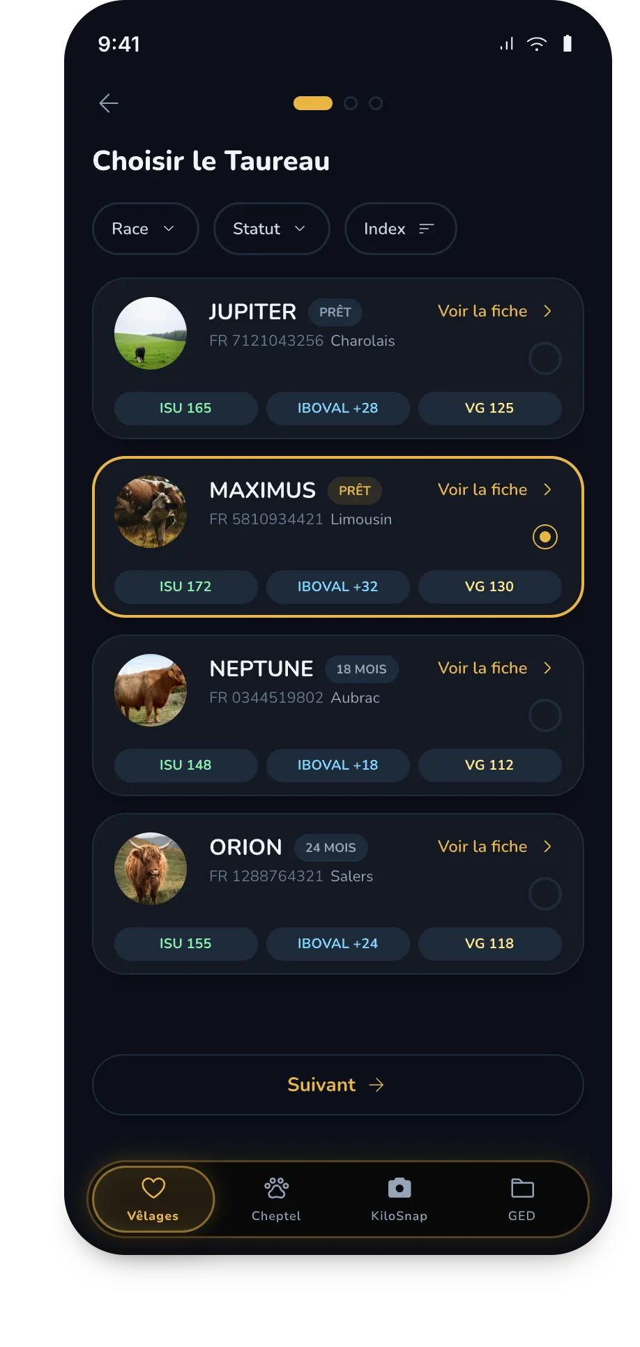 Bull selection screen: filters by breed, status and genetic indexes